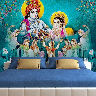 DecorGlance Wallpaper Radha Krishna Enjoying Gopis Dance Digitally Printed Wallpaper