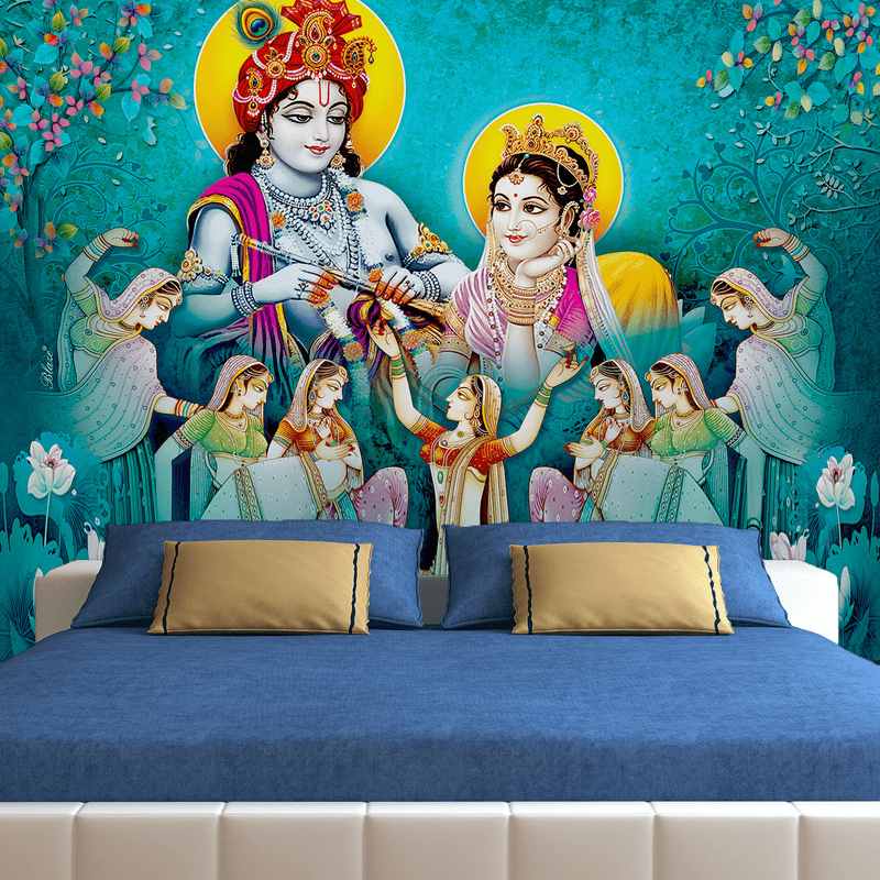 DecorGlance Wallpaper Radha Krishna Enjoying Gopis Dance Digitally Printed Wallpaper