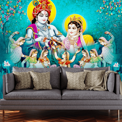 DecorGlance Wallpaper Radha Krishna Enjoying Gopis Dance Digitally Printed Wallpaper