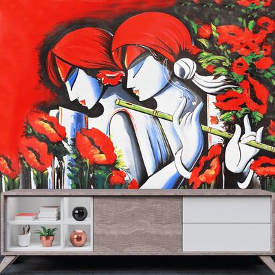 DecorGlance Wallpaper Radha Krishna Modern Abstract Art Digitally Printed Wallpaper