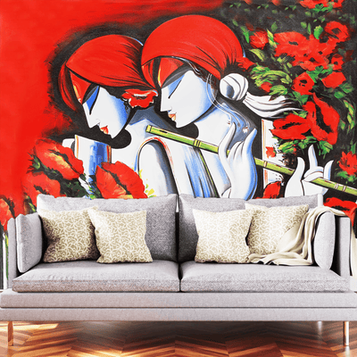 DecorGlance Wallpaper Radha Krishna Modern Abstract Art Digitally Printed Wallpaper