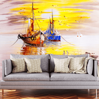 DecorGlance Wallpaper Sailing Boat Digitally Painting Wallpaper