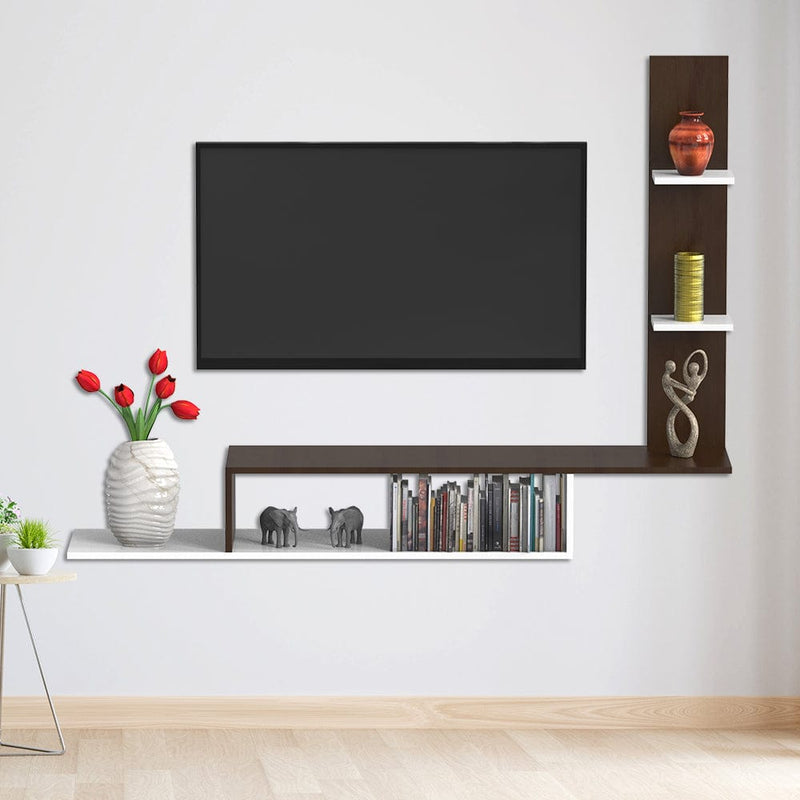 DecorGlance Walnut and White Wooden Tv Unit Cabinet