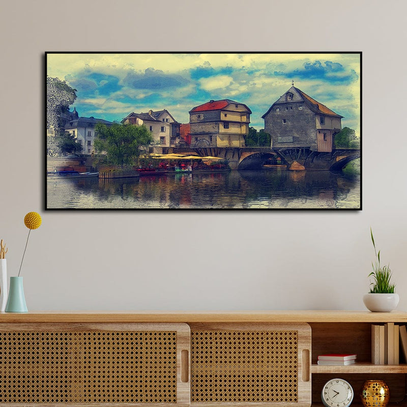 DecorGlance Water Color House Scenery Canvas Floating Frame Wall Painting