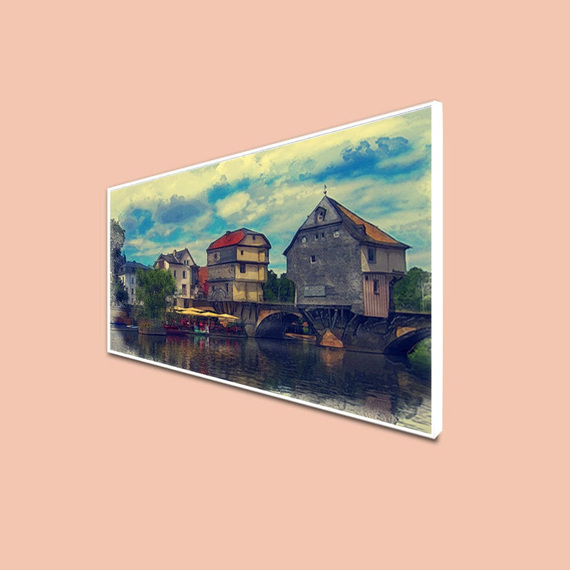 DecorGlance CANVAS PRINT WHITE FLOATING FRAME / (48X24) Inch / (121X60) Cm Water Color House Scenery Canvas Floating Frame Wall Painting