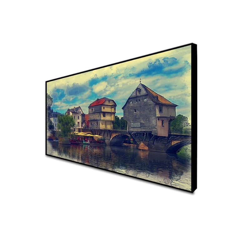 DecorGlance CANVAS PRINT BLACK FLOATING FRAME / (48X24) Inch / (121X60) Cm Water Color House Scenery Canvas Floating Frame Wall Painting