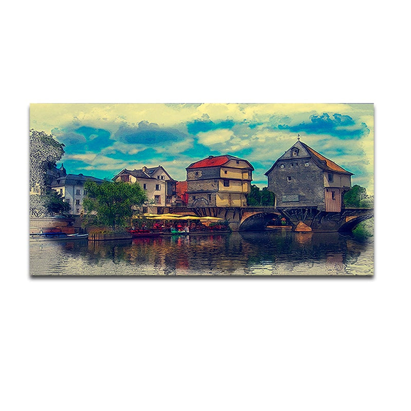 DecorGlance Water Color House Scenery Canvas Wall Painting