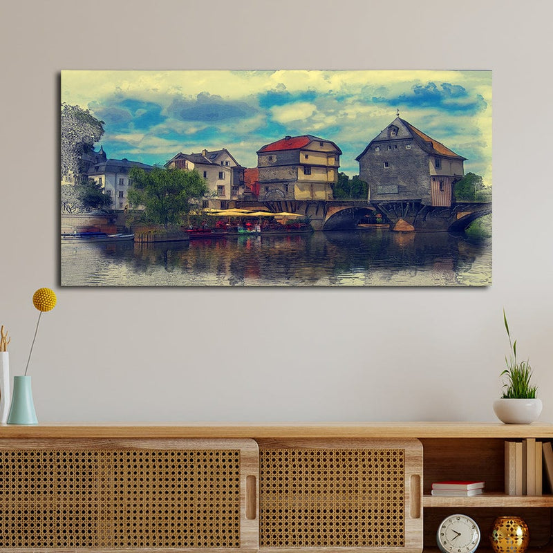 DecorGlance Water Color House Scenery Canvas Wall Painting