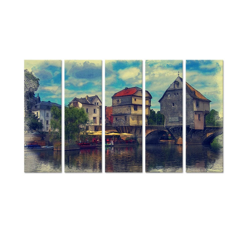 DecorGlance Water Color House Scenery Canvas Wall Painting - With 5 Panel