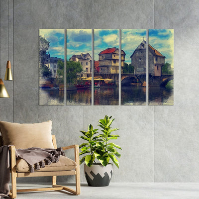 DecorGlance Water Color House Scenery Canvas Wall Painting - With 5 Panel