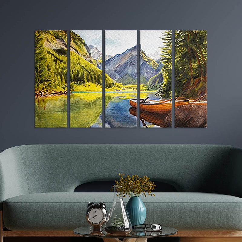 DecorGlance Water Color Mountain Scenery Canvas Wall Painting - With 5 Panel