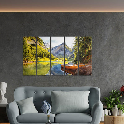 DecorGlance Water Color Mountain Scenery Canvas Wall Painting - With 5 Panel