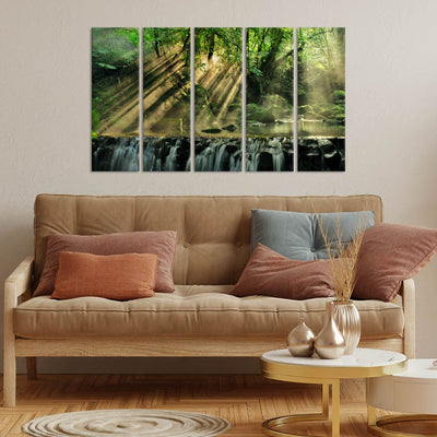 DecorGlance Waterfall in Forest View Canvas Wall Painting - With 5 Panel