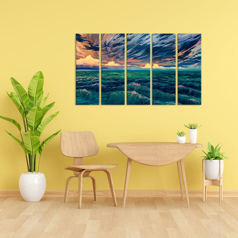 DecorGlance Wave Scenery Canvas Wall Painting - With 5 Panel