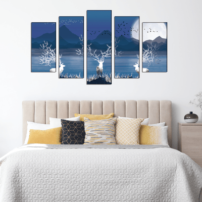 DECORGLANCE White Deer In Night Canvas Wall Painting- With 5 Frames