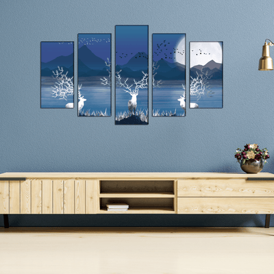 DECORGLANCE White Deer In Night Canvas Wall Painting- With 5 Frames