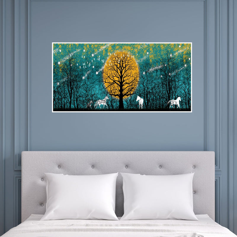 DecorGlance White Deer With Yellow Tree Abstract Canvas Floating Frame Wall  Painting