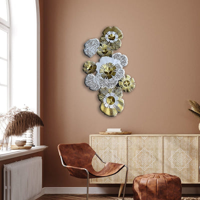decorglance White Golden Flower Large Metal Wall Art