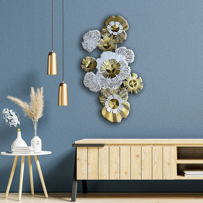 decorglance White Golden Flower Large Metal Wall Art