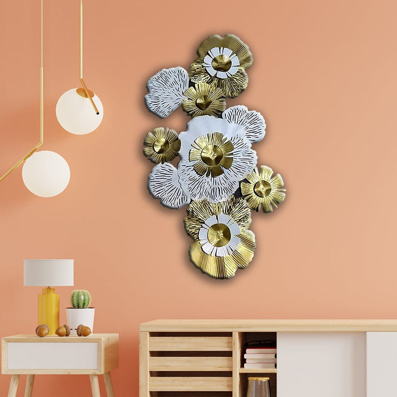 decorglance White Golden Flower Large Metal Wall Art