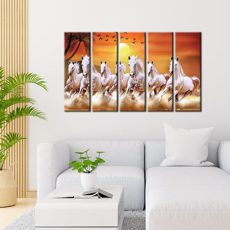 decorglance Panel Painting White Horses Running In Time Of Sunset Canvas Wall Painting- With 5 Frames