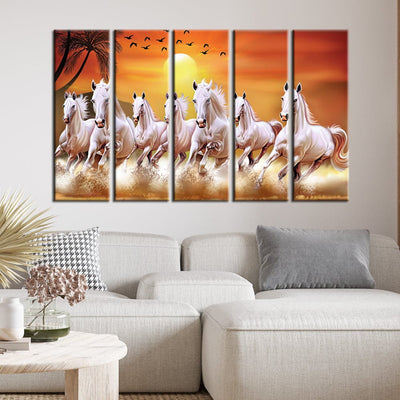 decorglance Panel Painting White Horses Running In Time Of Sunset Canvas Wall Painting- With 5 Frames