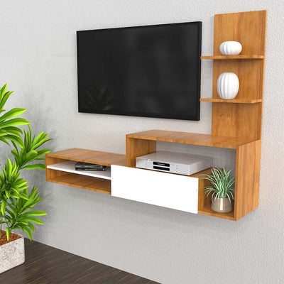 DecorGlance White & Oak Finish Wooden Tv Unit With Cabinet