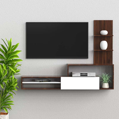 DecorGlance White & Walnut Finish Wooden Tv Unit With Cabinet
