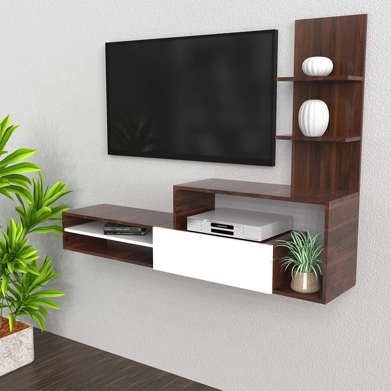 DecorGlance White & Walnut Finish Wooden Tv Unit With Cabinet