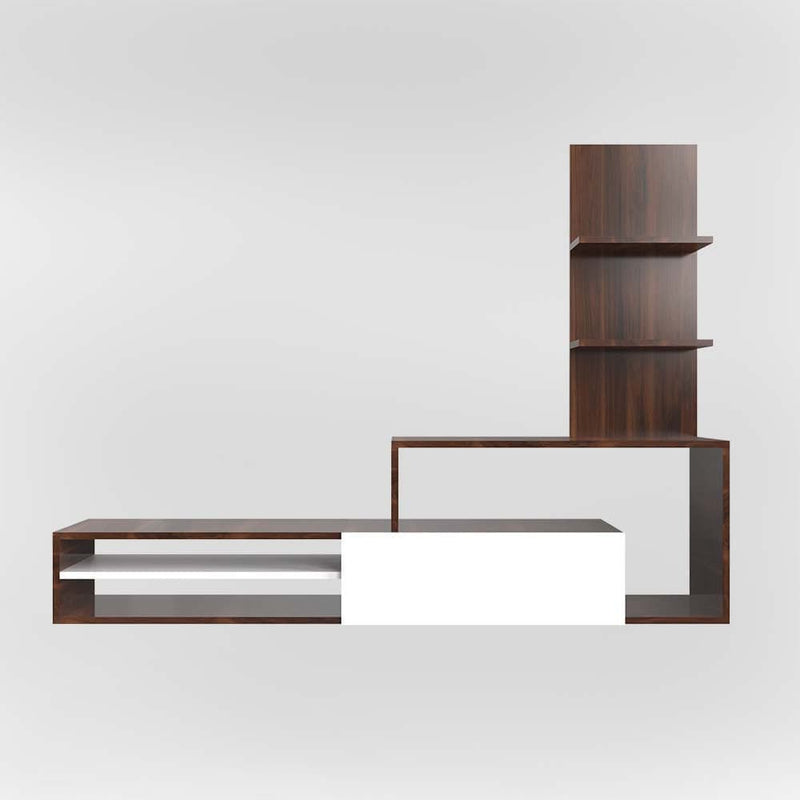 DecorGlance White & Walnut Finish Wooden Tv Unit With Cabinet