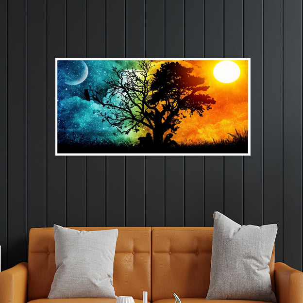 Day & Night Tree Scenery Canvas Floating Frame Wall Painting
