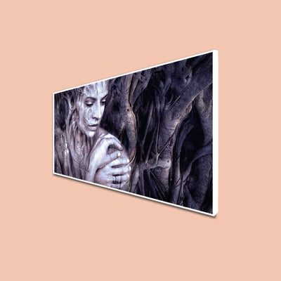 DecorGlance CANVAS PRINT WHITE FLOATING FRAME / (48x24) Inch / (121x60) Cm Women With Tree Fantasy Canvas Floating Frame Wall Painting