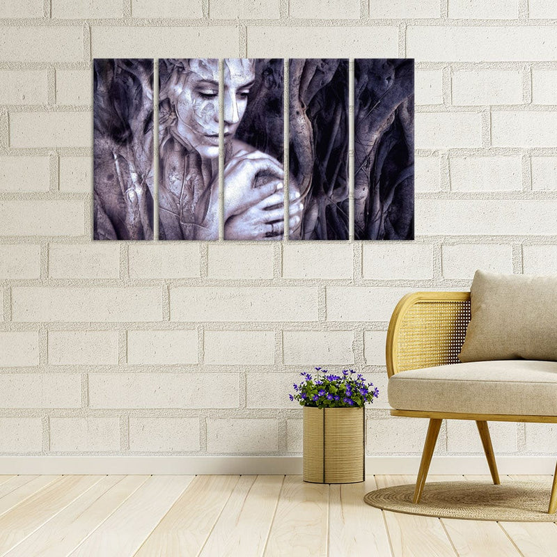 DecorGlance Women With Tree Fantasy Canvas Wall Painting - With 5 Panel