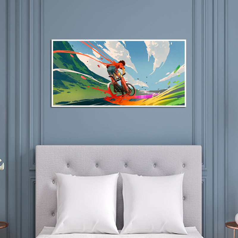 Boy Riding A Bicycle With Energy Floating Frame Canvas Painting