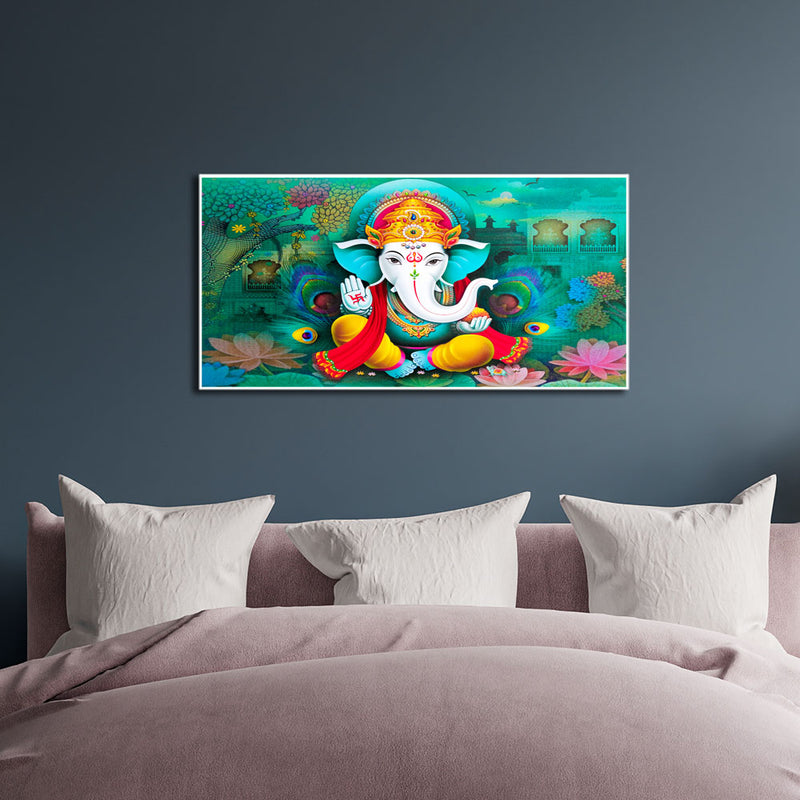 Blue Background Ganesha Floating Frame Canvas Wall Painting