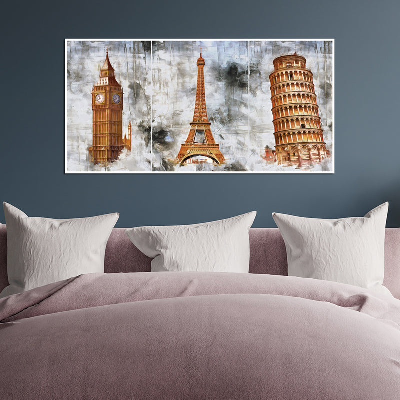 Eiffel Tower, Big Ben And Tower Of Pizzal Canvas Floating Frame Wall Painting