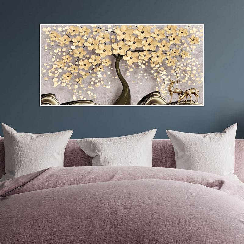 Beautiful Tree With Golden Flower Canvas Floating Frame Wall Painting