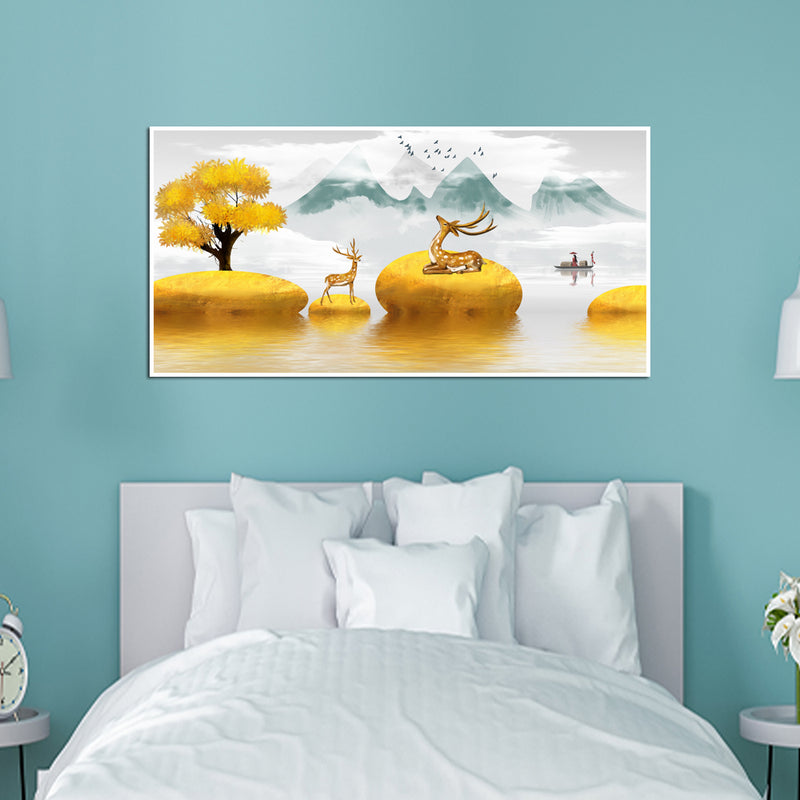 Illustration Of Golden Tree & Deer On River Canvas Floating Frame Wall Painting