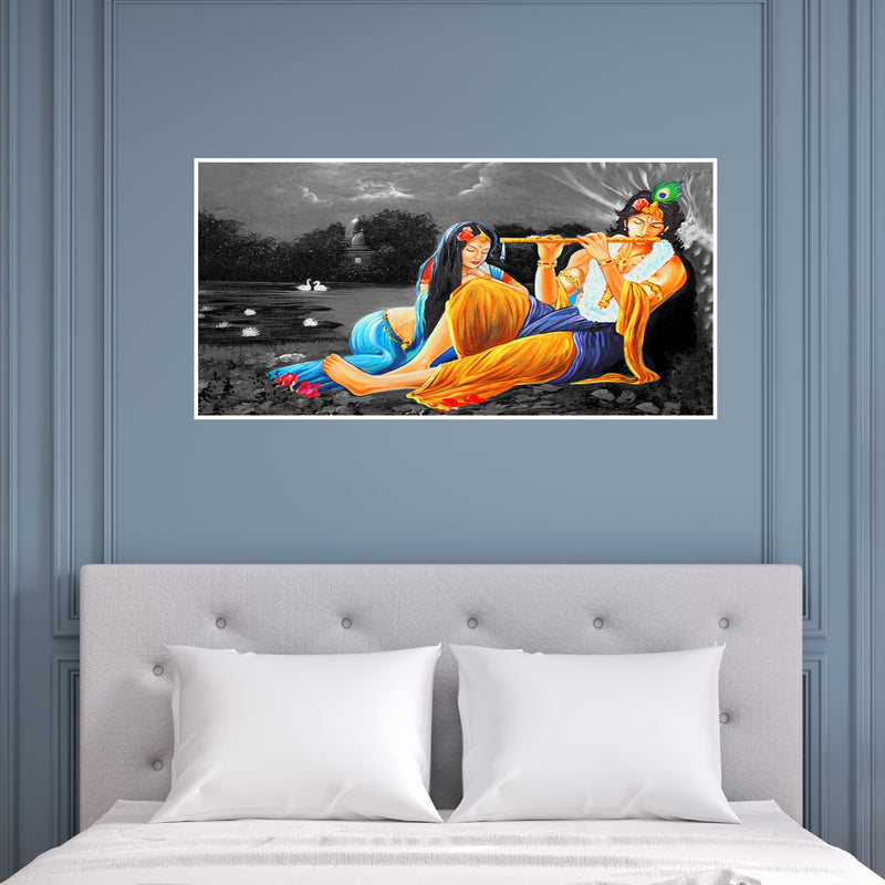Krishna And Radha In Gray Background Canvas Floating Frame Wall Painting