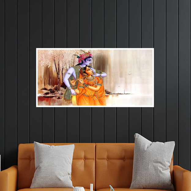 Artistic Radha Krishna Playing Flute Floating Frame Canvas Wall Painting