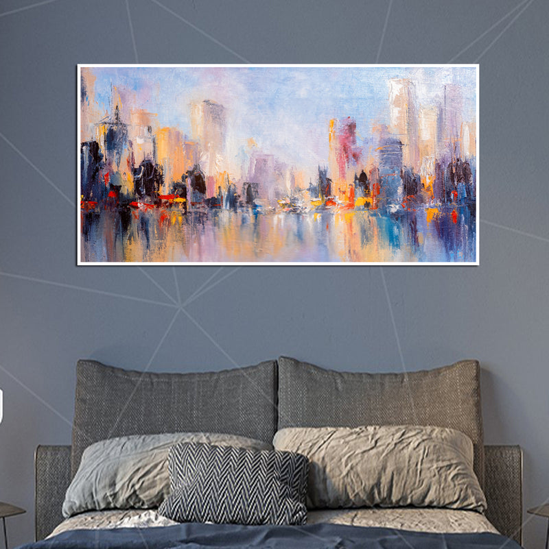 City View Reflections On Water Abstract Canvas Floating Frame Wall Painting