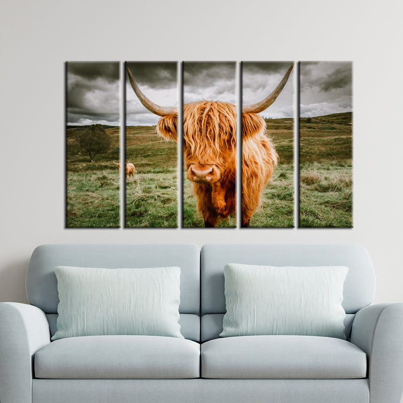 Highland Cattle With Scenic Canvas Wall Painting- With 5 Frames