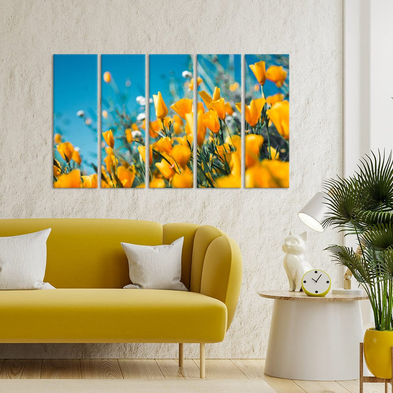 DecorGlance Yellow Flowers Canvas Wall Painting - With 5 Panel