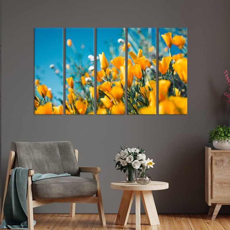 DecorGlance Yellow Flowers Canvas Wall Painting - With 5 Panel